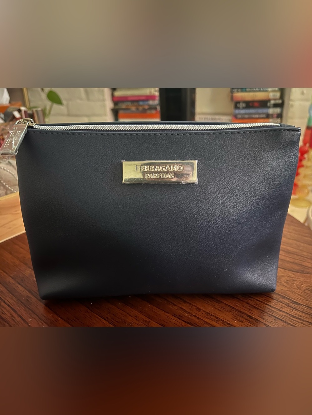 Ferragamo Navy Faux Leather Parfums Zip Pouch